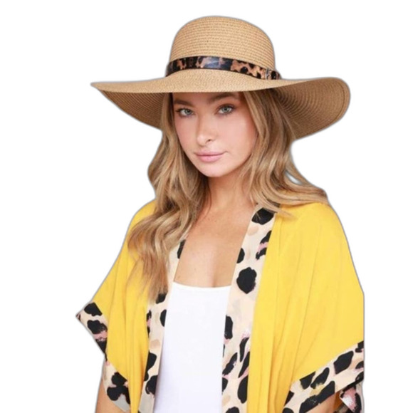 NEW Wide Brim Black Floppy Sunhat with Leopard Belted Trim Straw Natural - Picture 2 of 3